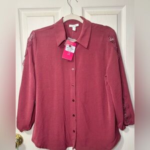 NWT Women’s Como Blu Burgundy Long Sleeve Button Down Shirt Petite Large